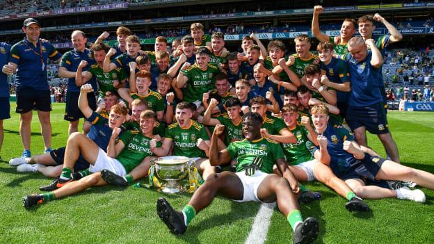 The Meath team celebrate with the Tom Markham Cup after the Electric Ireland GAA Football All-Ireland Minor Championship Final match between Meath and Tyrone at Croke Park in Dublin. 
