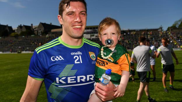 David Moran with his son Eli after the Munster GAA Football Senior Championship Final match between Kerry and Limerick at Fitzgerald Stadium in Killarney.