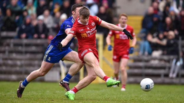 Tyrone's Cormac Quinn nets a goal at St Tiernach's Park. Photo by Daire Brennan/Sportsfile