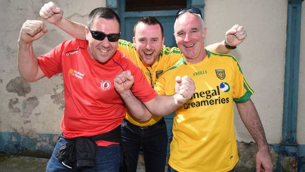 Tyrone supporter Brian McDaid, left, with Donegal supporters Shane Lafferty, centre, and Colin McGlinty before the 2016 Ulster SFC Final. 