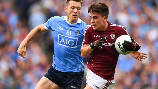 Paul Flynn, Dublin, and Seán Kelly, Galway, during the 2018 All Ireland SFC semi-final at Croke Park.