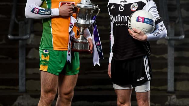 Corofin's Liam Silke and Kilcoo's Conor Laverty pictured ahead of the AIB All Ireland Club Senior Football Championship Final.
