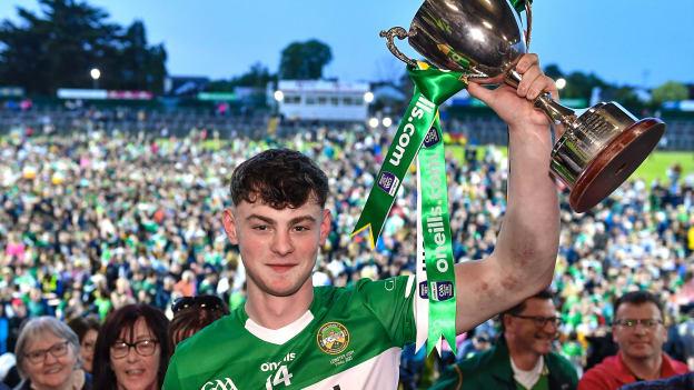 Offaly captain Charlie Mitchell lifts the cup after his side's victory in the oneills.com Leinster GAA Hurling U-20 Championship Final between Offaly and Wexford at Netwatch Cullen Park.