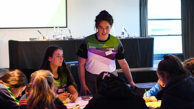 Gaa Youth Committee member Aine O'Neill speaking with participants during the #GAAyouth Forum 2018 at Croke Park in Dublin.