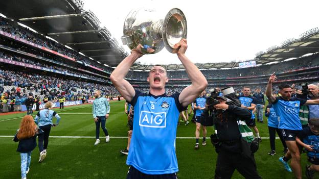 Brian Fenton pictured with the Sam Maguire Cup following Dublin's 2023 All-Ireland SFC Final win over Kerry at Croke Park. Photo by David Fitzgerald/Sportsfile