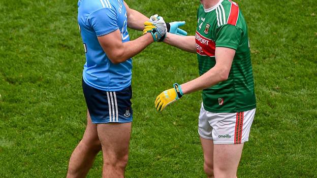 Brian Howard, Dublin, and Stephen Coen, Mayo, following the 2019 All Ireland SFC Semi-Final at Croke Park.