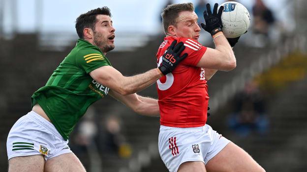 Donal Keogan, Meath, and Brian Hurley, Cork, in Allianz Football League action.