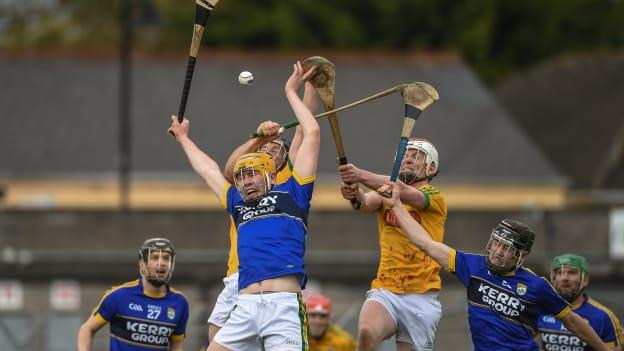 Brendan O Leary and Maurice O Connor, Kerry, and Joe Keena and Cormac Reilly, Meath during the Leinster SHC Round Robin clash at Pairc Tailteann.