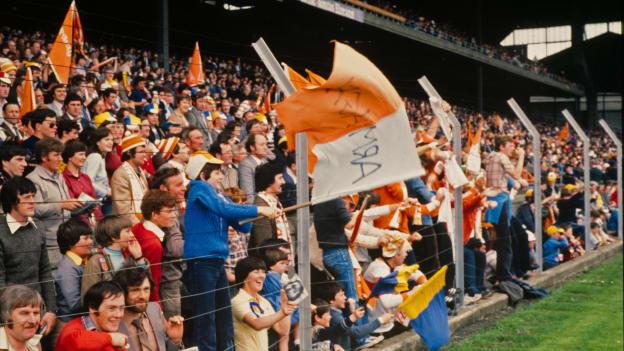 Armagh and Roscommon supporters cheer on their teams in the 1977 All-Ireland SFC semi-final.