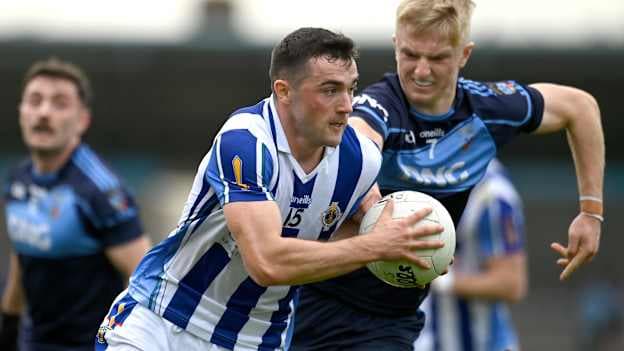 Colm Basquel, Ballyboden St Enda's, and Kevin Lahiff, St Jude's, in Dublin SFC Semi-Final action at Parnell Park. Photo by Sam Barnes/Sportsfile