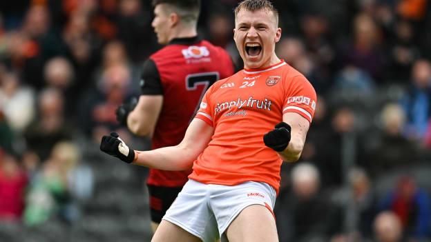 Armagh's Rian O'Neill celebrates at St Tiernach's Park. Photo by Ramsey Cardy/Sportsfile