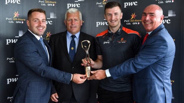 Noel Connors, GPA, Munster Council Chairman Jerry O'Sullivan, representing the GAA, Cork hurler Patrick Horgan, and Ger O'Mahoney, Senior Partner, PwC, at the PwC GAA/GPA Player of the Month Awards for JUne. 