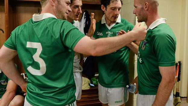 Limerick players, from left to right, Richie McCarthy, Nickie Quaid, Paudie O'Brien and James Ryan celebrate in the dressing room after victory over Cork in the 2013 Munster SHC Final. 