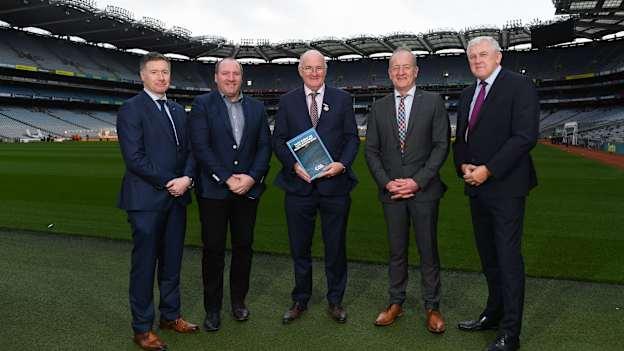 In-Coming GAA Director of Games Development Shane Flanagan, left, with from left to right, Committee Member Brian Cuthbert, Uachtaráin Cumann Lúthchleas Gael John Horan, Committee Chair Michael Dempsey, and Ulster Director of Coaching and Games Development Dr Eugene Young at the Launch of GAA Talent Academy and Player Development report at Croke Park in Dublin. 