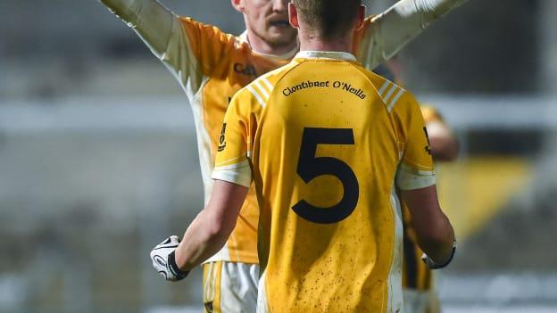 Conor McManus, left, and Jack Gormley of Clontibret O'Neills celebrate after the Ulster GAA Football Senior Club Championship Quarter-Final match between Crossmaglen Rangers and Clontibret O'Neills at Athletic Grounds in Armagh.