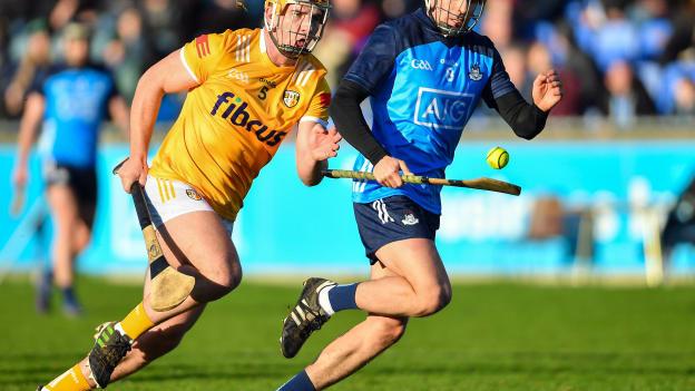 Cillian Costello, Dublin, and Michael Bradley, Antrim, in Walsh Cup action at Parnell Park.