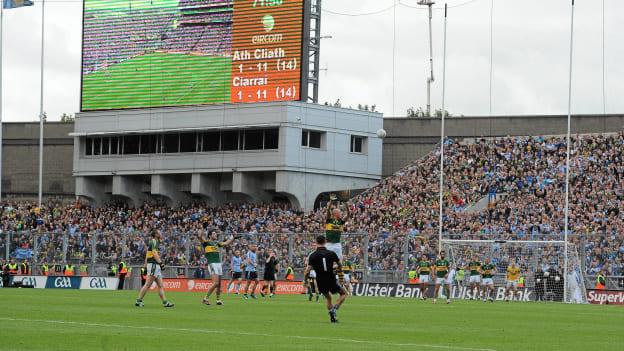 Dublin goalkeeper Stephen Cluxton kicks the winning point in extra time from a free kick in the GAA Football All-Ireland Senior Championship Final match between Kerry and Dublin at Croke Park in Dublin. Photo by Brian Lawless/Sportsfile.