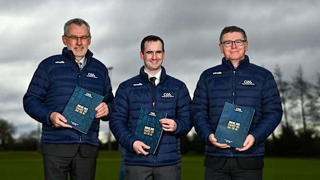 Uachtarán Chumann Lúthchleas Gael Larry McCarthy, left, Ruairí Harvey, Organisational Development Manager, centre, and Ard Stiúrthóir of the GAA Tom Ryan during GAA National Strategy Launch at St Fechin’s GAA Club in Termonfeckin, Louth.