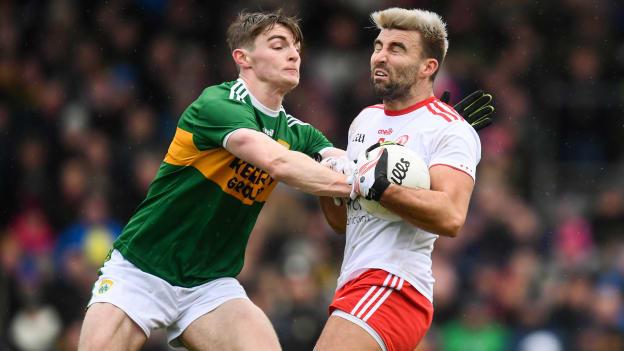 Tiernan McCann of Tyrone in action against Diarmuid O'Connor of Kerry during the Allianz Football League Division 1 Round 1 match between Kerry and Tyrone at Fitzgerald Stadium in Killarney, Kerry.