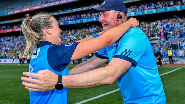 Dublin manager Mick Bohan celebrates with Jennifer Dunne after their side's victory in the 2023 TG4 LGFA All-Ireland Senior Championship Final match between Dublin and Kerry at Croke Park in Dublin. Photo by Piaras Ó Mídheach/Sportsfile.