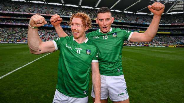 Gearóid Hegarty, right, and Cian Lynch of Limerick celebrate after the GAA Hurling All-Ireland Senior Championship Final match between Cork and Limerick in Croke Park, Dublin.
