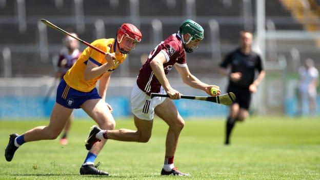 Aaron Niland of Galway in action against Evan Price of Clare during the 2023 Electric Ireland GAA Hurling All-Ireland Minor Championship Final match between Clare and Galway at FBD Semple Stadium in Thurles, Tipperary. Photo by Michael P Ryan/Sportsfile