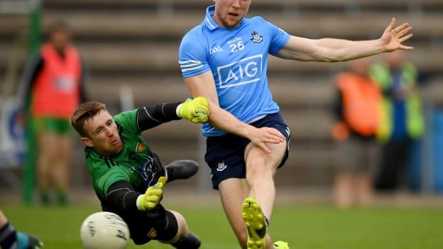 Paddy Small, Dublin, and Shaun Patton, Donegal, during the Allianz Football League Division One Semi-Final at Kingspan Breffni.