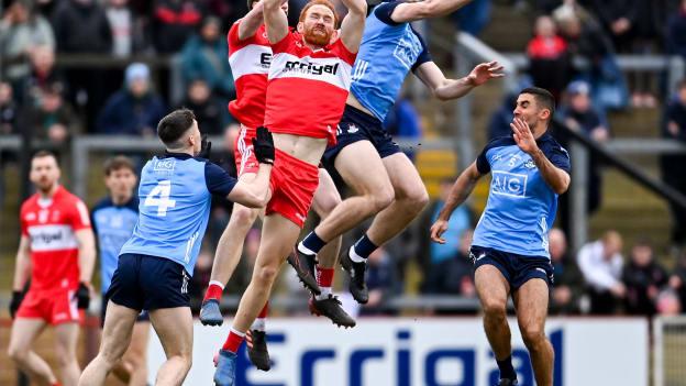 Brian Fenton, Dublin, and Conor Glass, Derry, in Allianz Football League action at Celtic Park. Photo by Ramsey Cardy/Sportsfile