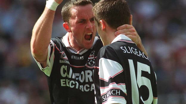 Dessie Sloyan and Gerry McGowan celebrate following Sligo's win over Tyrone in 2002.