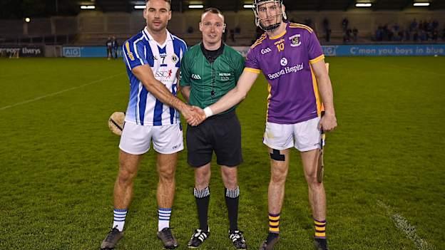 Referee Thomas Gleeson with team captains Shane Durkin of Ballyboden St Enda's and Caolan Conway of Kilmacud Crokes before the 2022 Go Ahead Dublin County Senior Club Hurling Championship Semi-Final match between Kilmacud Crokes and Ballyboden St Enda's at Parnell Park in Dublin. 
