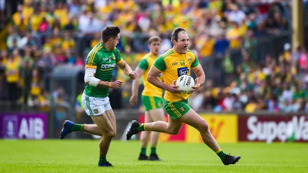 Michael Murphy, Donegal, and Ethan Devine, Meath, during the All Ireland SFC Quarter-Final Group One encounter at MacCumhaill Park.