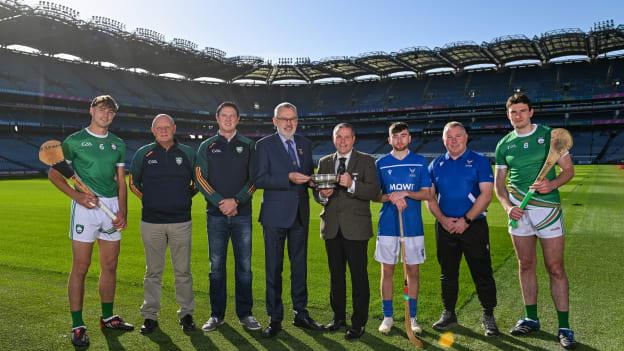 In attendance, from left, Ireland player Peter Duggan, Ireland selector Terence McNaughton, Ireland manager Damien Coleman, Uachtarán Chumann Lúthchleas Gael Larry McCarthy, Camanachd Association president Steven MacKenzie, Scotland player Ruairidh Anderson and Ireland player David Fitzgerald at the Hurling Shinty International 2023 launch at Croke Park in Dublin. Photo by Piaras Ó Mídheach/Sportsfile