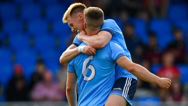 Kieran Kennedy, right, and Neil Matthews of Dublin celebrate following their side's victory during the EirGrid GAA Football All-Ireland U20 Championship Semi-Final match between Galway and Dublin at Glennon Brothers Pearse Park in Longford. 