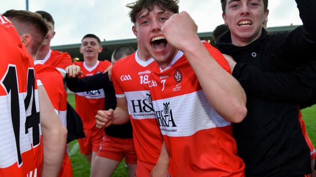 Lee Brady of Derry celebrates after his side's victory in the Electric Ireland Ulster GAA Football Minor Championship Final 2020 match between Monaghan and Derry at Healy Park in Omagh, Tyrone. 