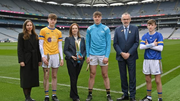 In attendance, from left, are Aiste Petraityte, Wicklow Gold hurler Feilim Lynch Ward, Sarah Sharkey, Kilkenny hurler Darragh Corcoran, Uachtarán Chumann Lúthchleas Gael Larry McCarthy and Wicklow Blue hurler Finian Hughes at the 2023 Electric Ireland Celtic Challenge launch at Croke Park in Dublin. Photo by David Fitzgerald/Sportsfile