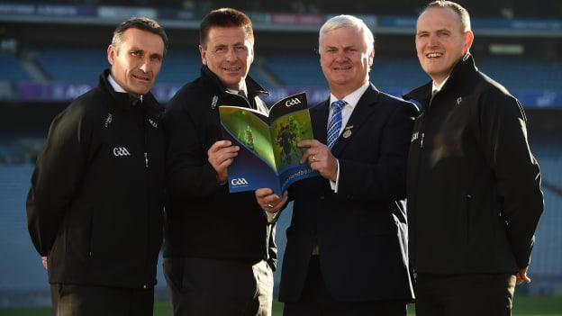 Uachtarán Chumann Lúthchleas Aogán Ó Fearghail with  Maurice Deegan, Brian Gavin and Conor Lane at the launch of The Referees Handbook at Croke Park in Dublin.