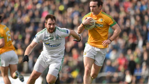 Cillian O'Sullivan, Meath, and Sean Quigley, Fermanagh, in Allianz Football League Division Two action at Pairc Tailteann.