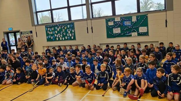 Kildalkey NS pupils await their all-conquering club hurlers. 