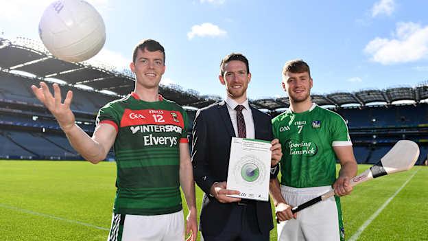 Stephen Coen of Mayo, left, Seamus Hickey, CEO of the GPA, centre, and Séamus Flanagan of Limerick in attendance during the launch of the ESRI Report into Playing Senior Intercounty Gaelic Games.