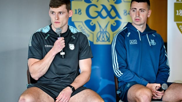 Speaking at the 2023 GAA Football All-Ireland Series national launch in Croke Park, Dublin were Gavin White of Kerry, left, in the company of Cormac Costello of Dublin. Photo by Brendan Moran/Sportsfile