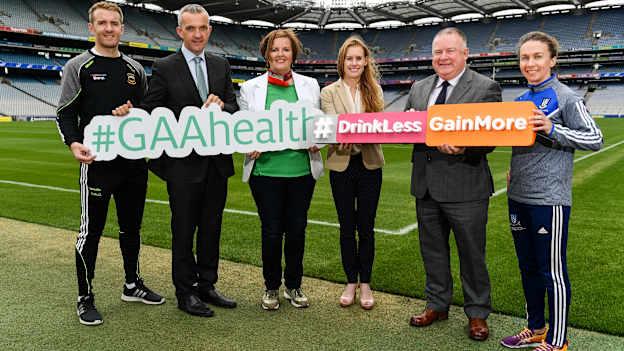 In attendance at the launch of the Drink Less, Gain More campaign were, from left, Tipperary hurler Noel McGrath, HSE Clinical Lead for Obesity Professor Donal O’Shea, HSE Alcohol Programme Manager Marian Rackard, HSE National Director of Strategic Transofromation and Planning Stephenie O'Keefe, GAA Vice President Jim Bolger, and Monaghan footballer Sharon Courtney. 