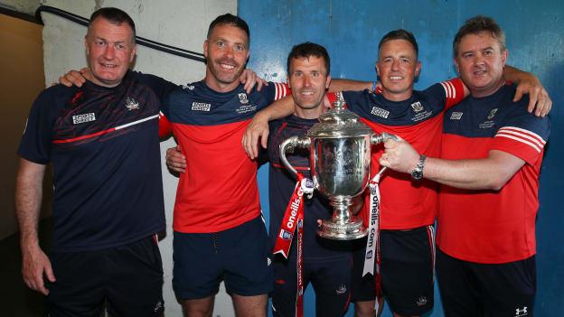 Cork manager Ben O'Connor, centre, with his coaching colleagues after the U-20 final between Cork and Offaly at FBD Semple Stadium. 