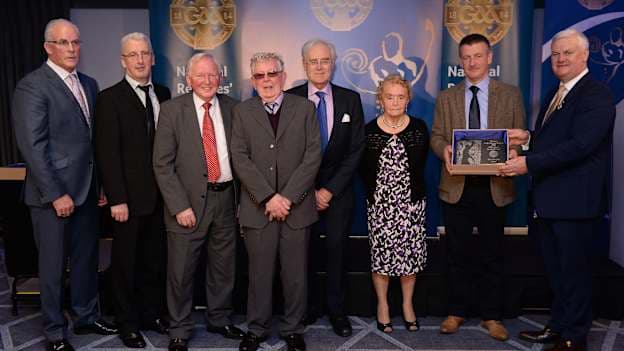 Family members of the late referee Pat Dunphy, Laois, who refereed six All-Ireland Football Finals including the 1916 finals and one All-Ireland Hurling Final in 1922, pictured from second from left, grandsons Jimmy Dunphy, Christy Dunphy, Michael Dunphy,