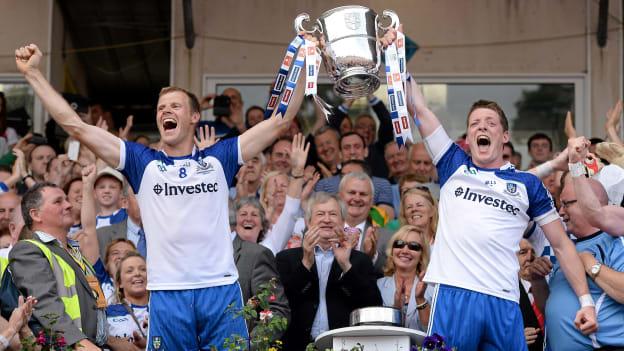 Owen Lennon and Conor McManus lift the Anglo Celt Cup.