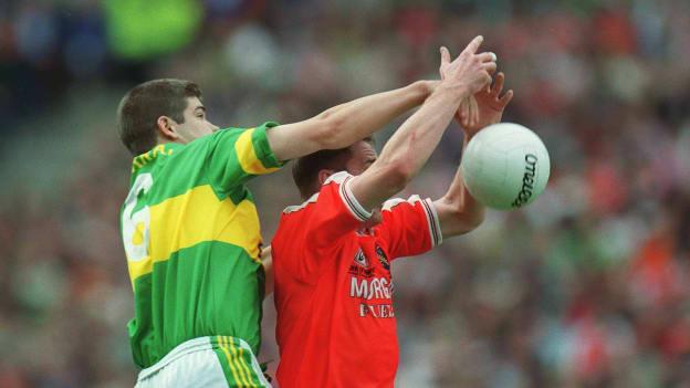 Eamonn Fitzmaurice, Kerry, and John McEntee, Armagh, in action during the 2002 All-Ireland SFC Final at Croke Park. Photo by Brendan Moran/Sportsfile