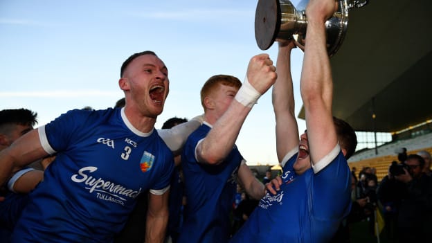 Tullamore full back Declan Hogan celebrates with joint captain John Moloney after this afternoon's county final in Bord na Móna O'Connor Park. 