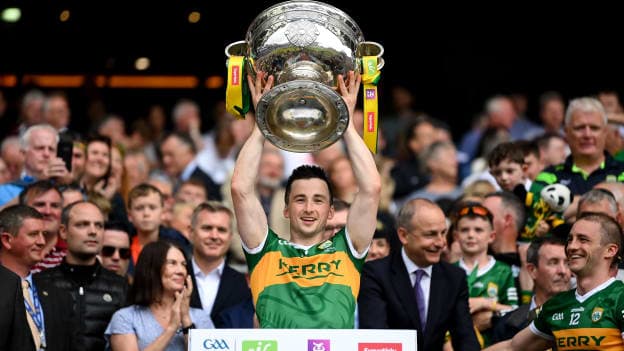 Paul Murphy lifts the Sam Maguire Cup after Kerry's victory over Galway in the 2022 All-Ireland SFC Final. 