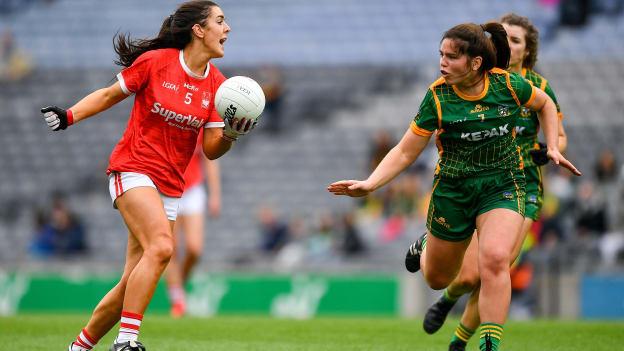 Erika O'Shea, Cork, and Shauna Ennis, Meath, in action at Croke Park.