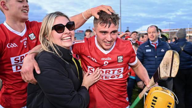 Cork players Micheál Mullins, right, and James Dwyer celebrate after the oneills.com Munster GAA Hurling U20 Championship Final match between Cork and Clare at TUS Gaelic Grounds in Limerick. Photo by Piaras Ó Mídheach/Sportsfile.
