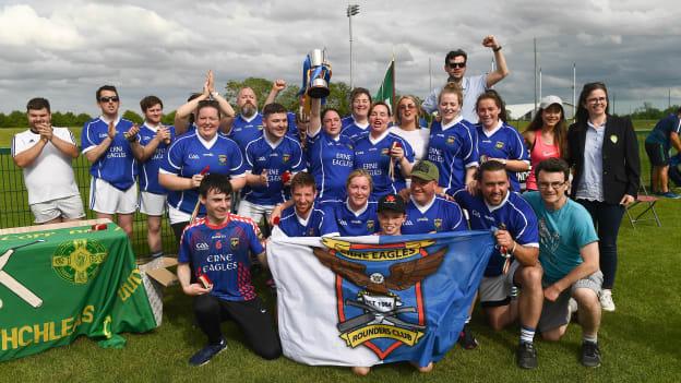 Erne Eagles players celebrate with the trophy after the Mixed Senior Rounders Final 2020 match between Erne Eagles and Glynn Barntown at GAA centre of Excellence, National Sports Campus in Abbotstown, Dublin. 